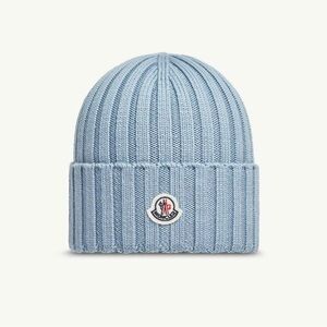 Moncler Women's Pale Blue Ribbed Wool Beanie with Logo Patch